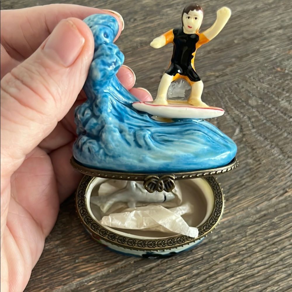 Vintage Surfing Wave Hand Painted Porcelain Trinket Box with Shark inside !